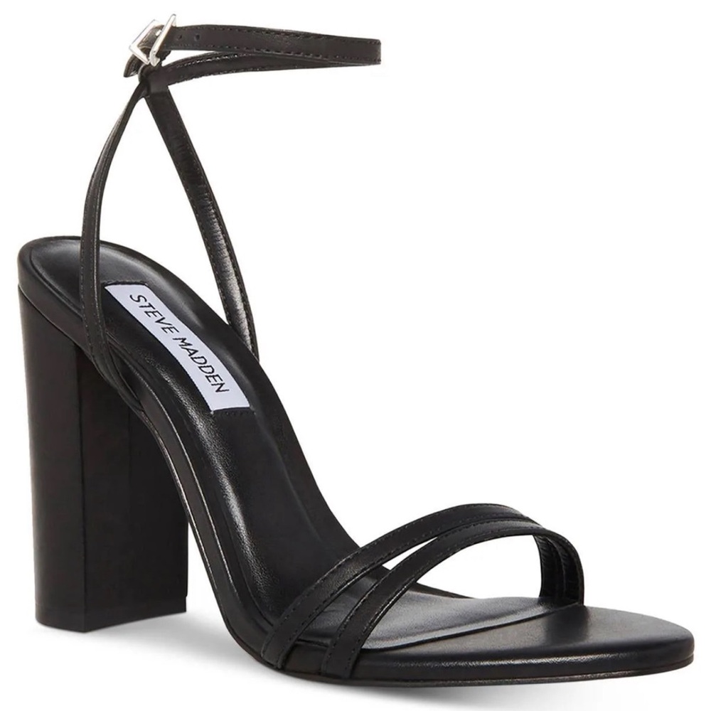 Steve Madden Women's Size 7.5 Black Candid Leather Evening Ankle Strap Sh…